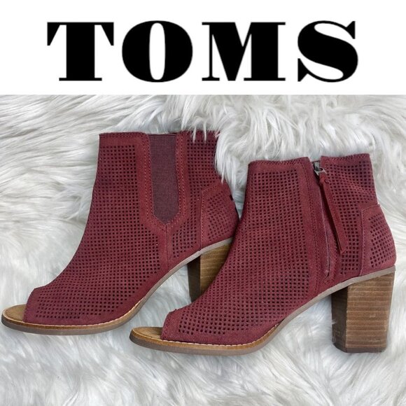 TOMS Majorca Peep Toe Burgundy Red Suede Perforated Ankle Bootie, Size 8.5 - Picture 9 of 10